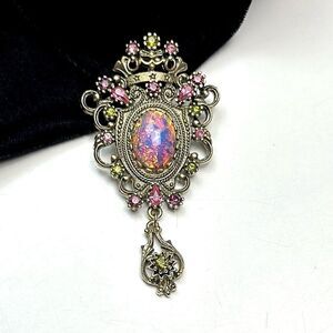 SARAH COVENTRY Brooch Pendant Contessa Faux Fire Opal Rhinestones Vintage